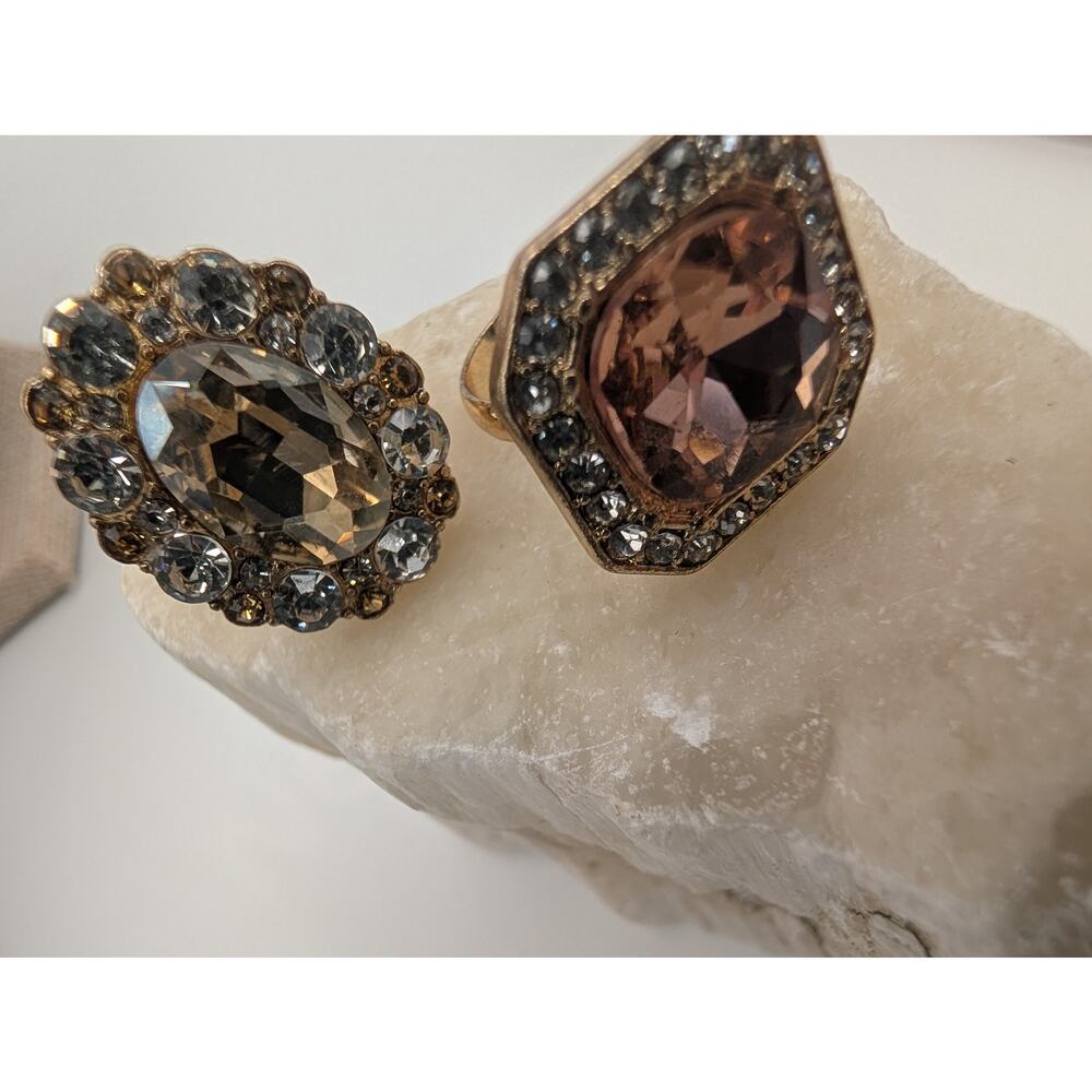 Fashion Cocktail Ring Lot Large Oval Champagne & Square Peach Crystal Gold Tone